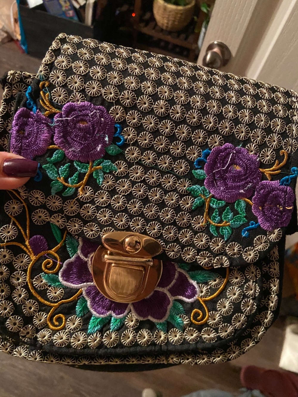 Black embroidered floral purse